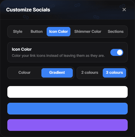 The Icon Color tab with its master switch, the paint modes and the gradient swatches