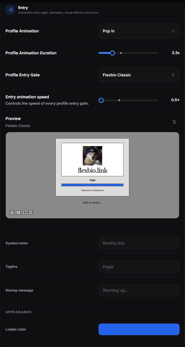 The Entry tab with the profile animation, its duration, the entry gate, the shared speed slider and a live preview