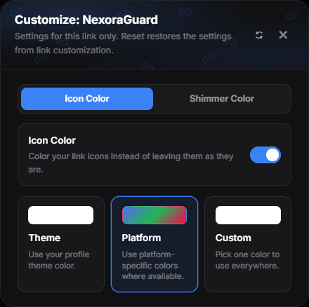 Customize: NexoraGuard on the Icon Color tab, with Icon Color on and the Platform mode selected