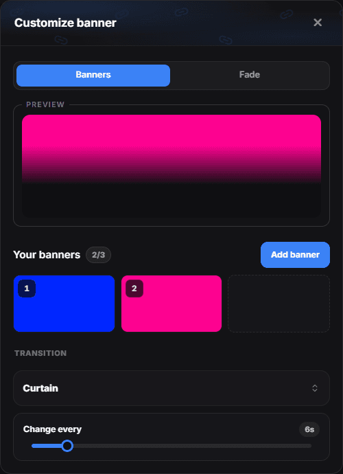 The Customize banner window on the Banners tab with two banners, the Transition dropdown and the Change every slider