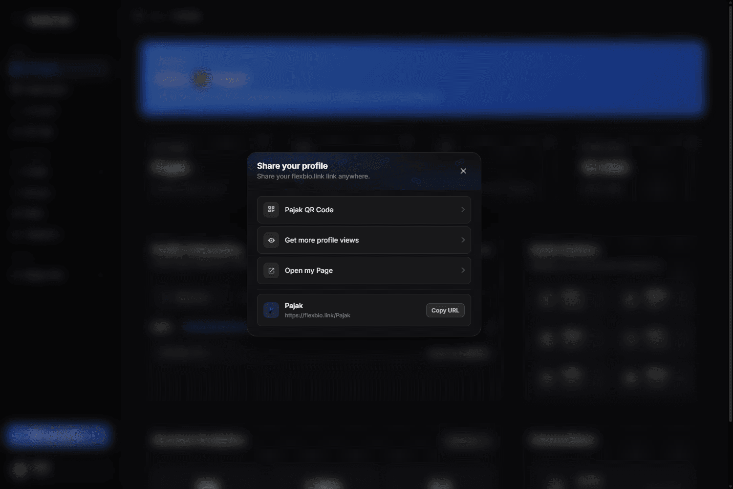 The Share your profile dialog with the QR code, profile views, open page and copy URL rows
