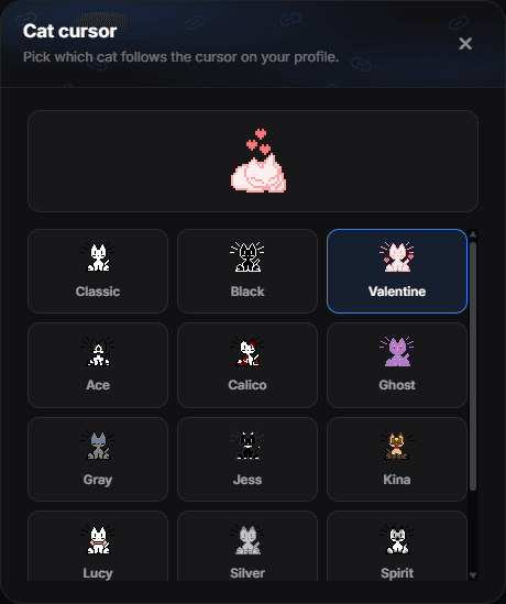 The Cat cursor dialog with a large preview above a grid of thirteen cats