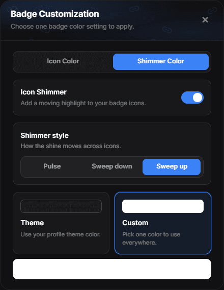 The Shimmer Color tab with the Icon Shimmer switch and the Pulse / Sweep down / Sweep up selector