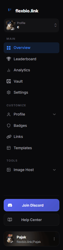 The dashboard sidebar with the Main, Customize and Tools groups and the Profile group expanded