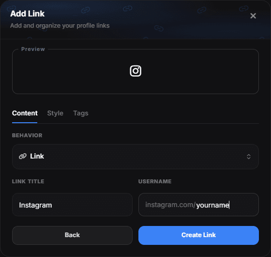 The link editor on the Content tab: preview, Behavior, Link Title and URL