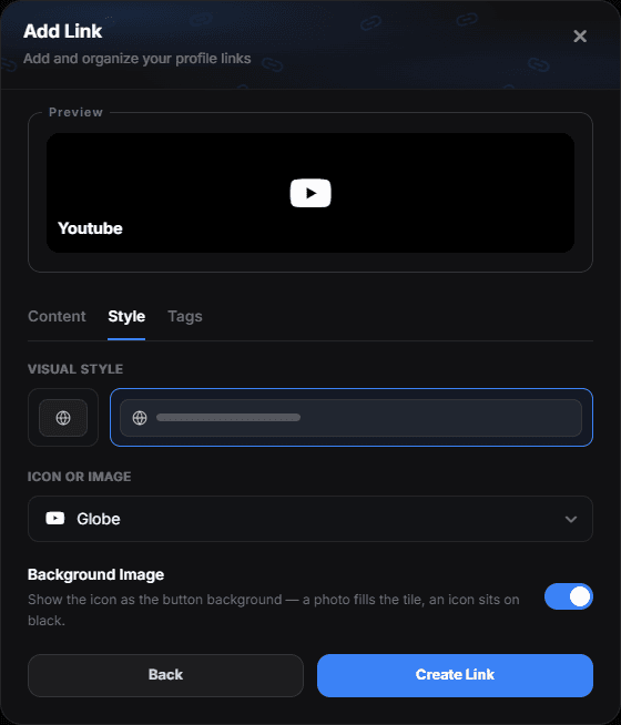The link editor with Background Image on, previewing a YouTube glyph centred on a black tile