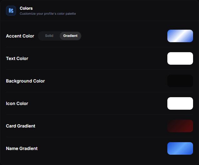 The Colors card with the accent, text, background and icon swatches and the card and name gradient rows