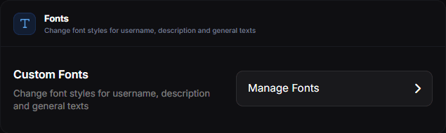 The Fonts card with the Custom Fonts row and the Manage Fonts button