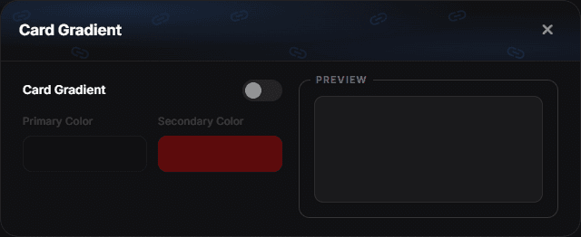 The Card Gradient editor with its switch, primary and secondary colours and a preview