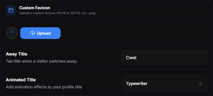 The Custom Favicon card with the favicon upload, the Away Title field and the Animated Title dropdown