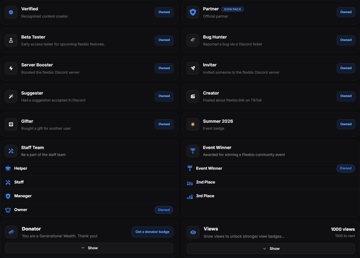 The flexbio.link Badges list: each badge with the requirement that earns it