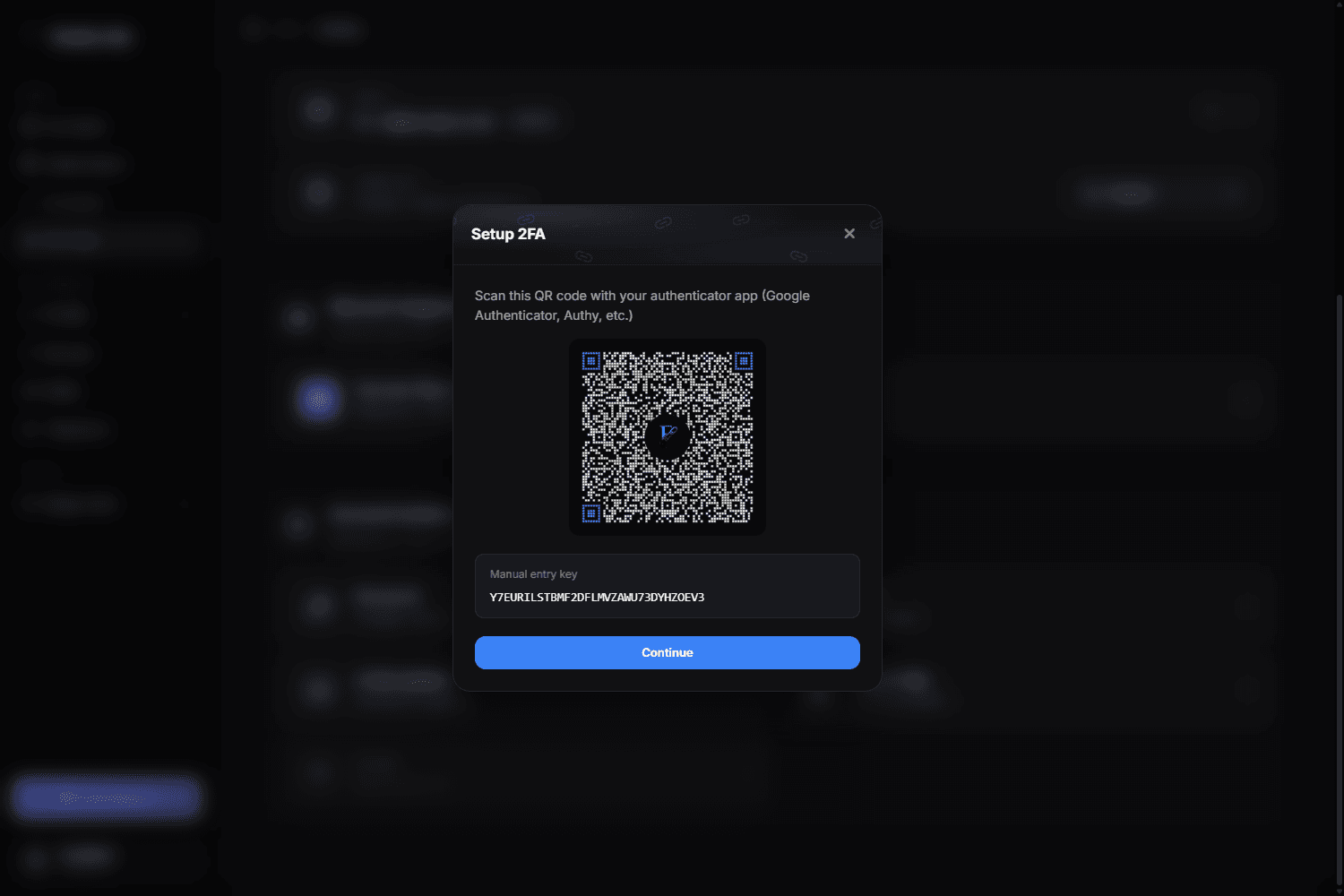 The Setup 2FA dialog with the QR code and the manual entry key