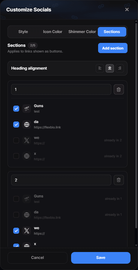 The Sections tab with two sections, the heading alignment picker and the link checkboxes