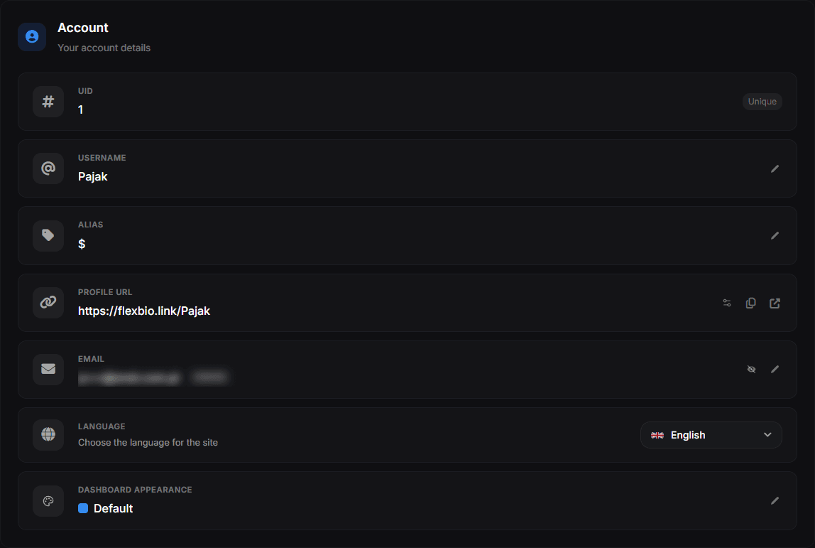Dashboard → Settings with the UID, username, alias, profile URL, email and language rows