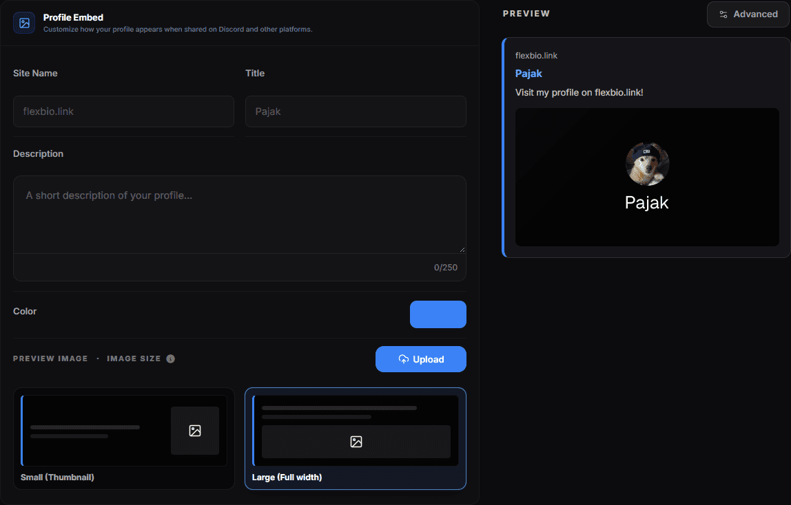 Profile Embed: a live Discord-style preview on the left, the site name, title, description, colour and image fields on the right