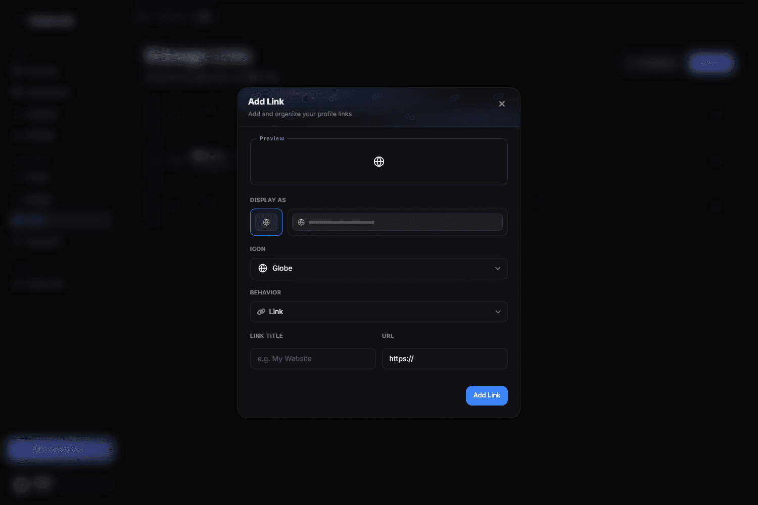 The Add Link dialog with the preview box, display mode, icon, behavior, title and URL fields