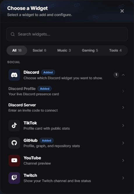 The Choose a Widget dialog with search, category filters and Discord expanded into Profile and Server