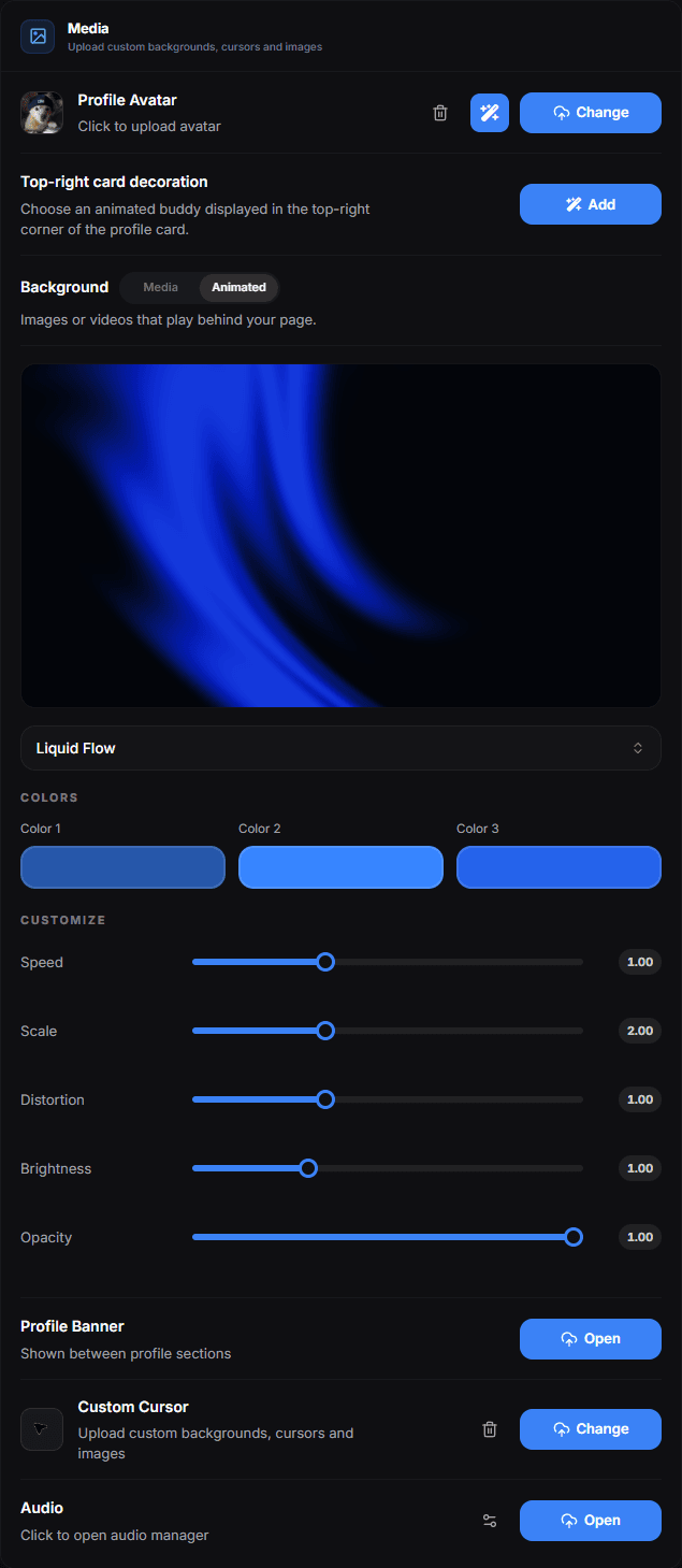 The Media card with the profile avatar, avatar decoration, top-right card decoration, background, banner, cursor and audio rows