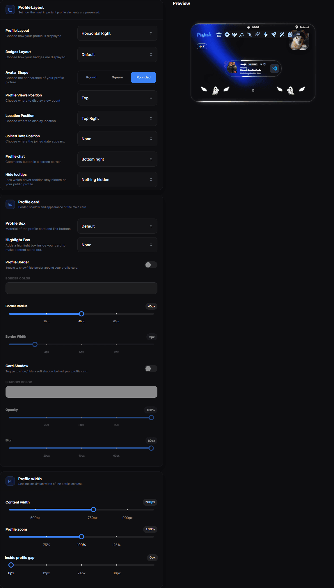 The whole Layout tab: the Profile Layout, Profile card and Profile width cards beside the live preview