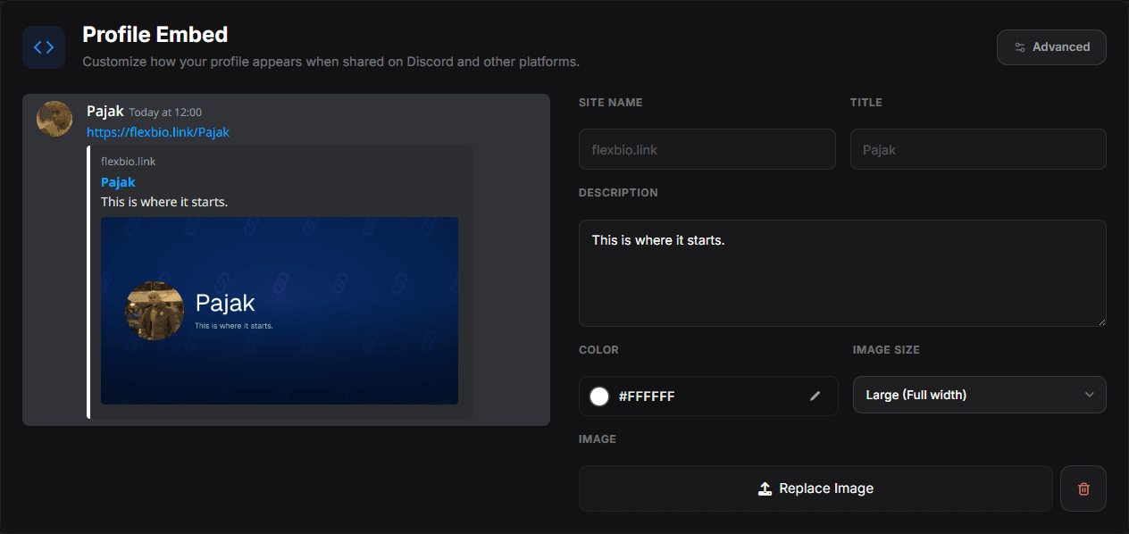 Profile Embed: a live Discord-style preview on the left, the site name, title, description, colour and image fields on the right