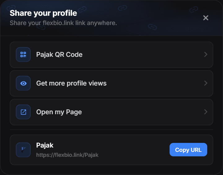 The Share your profile dialog with the QR code, profile views, open page and copy URL rows