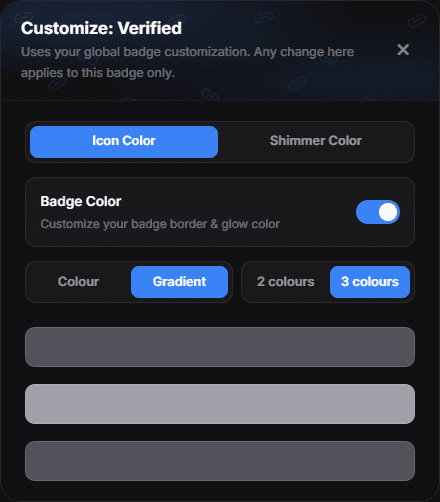 Customize: Verified with the Icon Color tab open, Badge Color on and a three-colour gradient