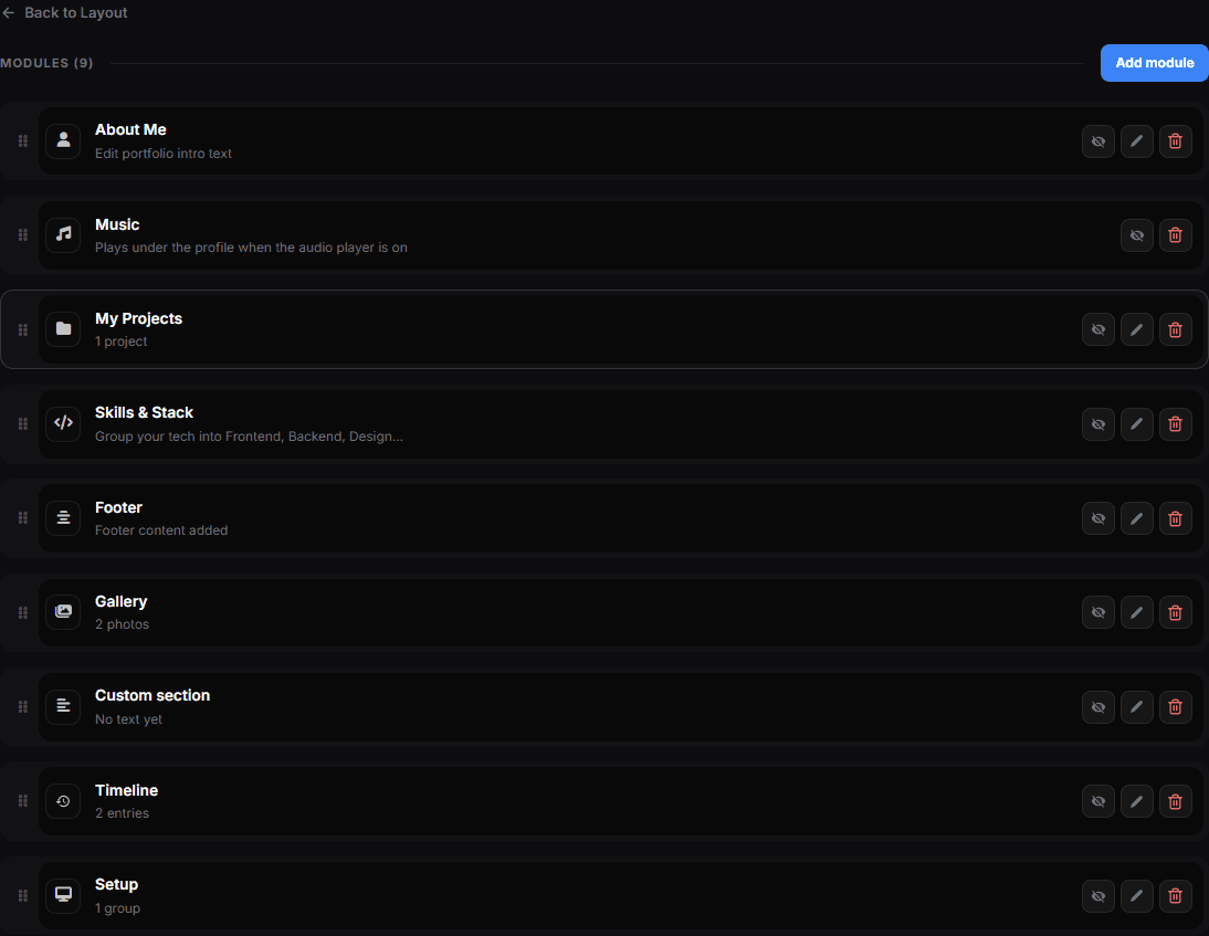 Portfolio modules open in the flexbio.link dashboard