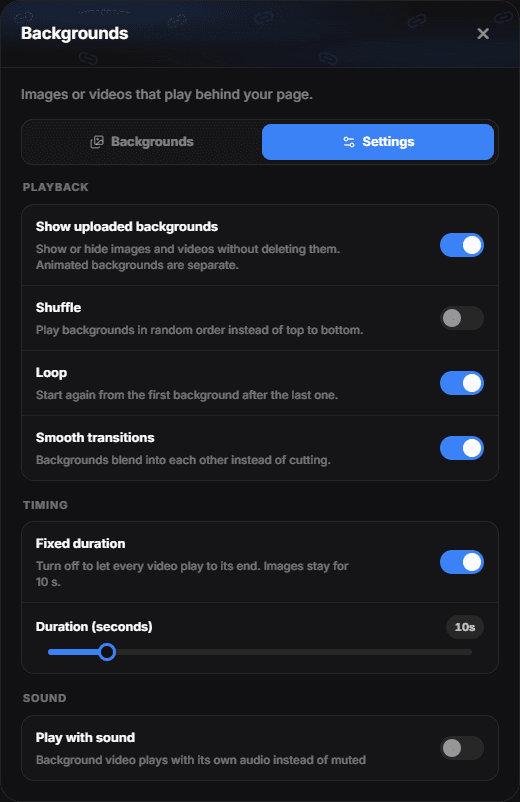 The Settings tab of the Background manager with the Playback, Timing and Sound groups