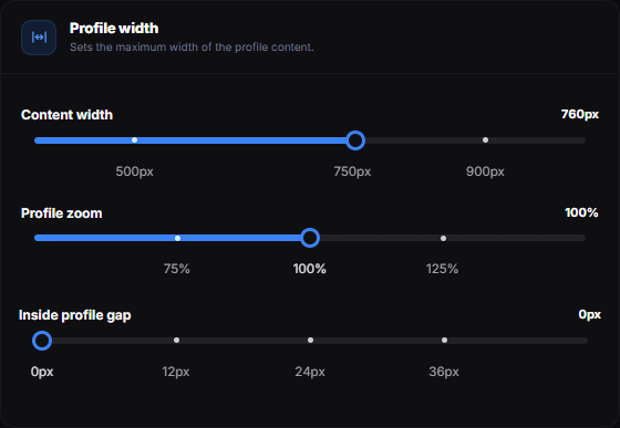 The Profile width card with the Content width, Profile zoom and Inside profile gap sliders