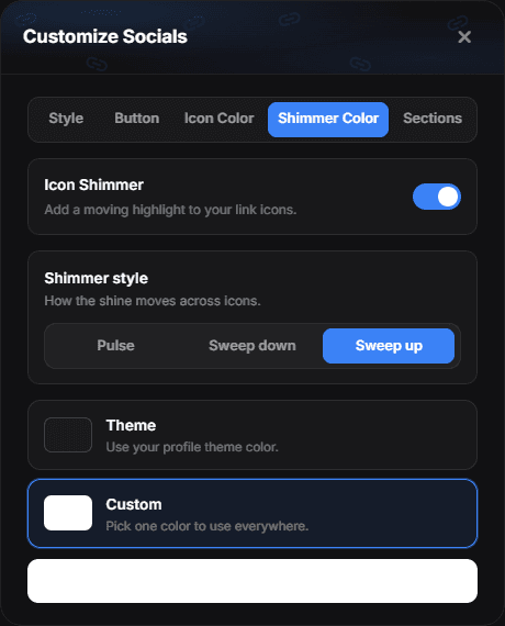 The Shimmer Color tab with the Icon Shimmer switch, Shimmer style and the Theme and Custom modes