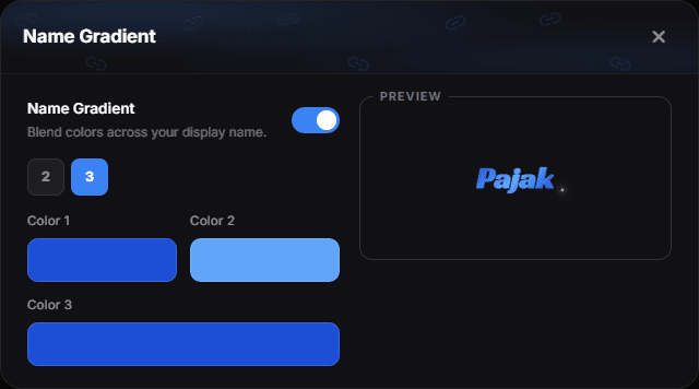 The Name Gradient editor set to three colours, previewing the display name