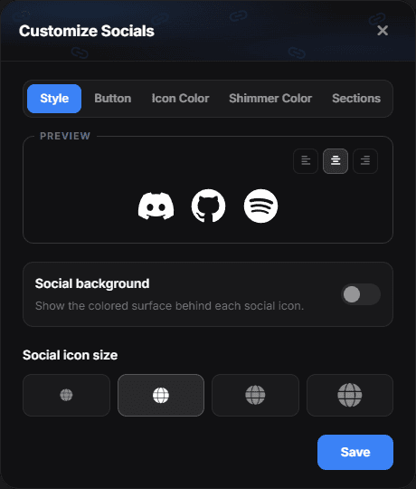 The Customize Socials dialog: a live preview with alignment, the Social background toggle and four icon sizes