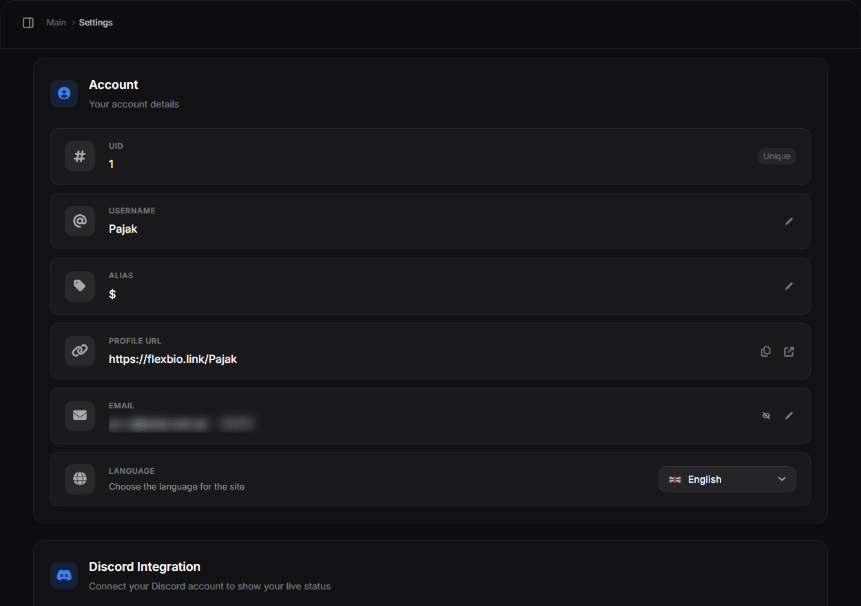 Dashboard → Settings with the UID, username, alias, profile URL, email and language rows