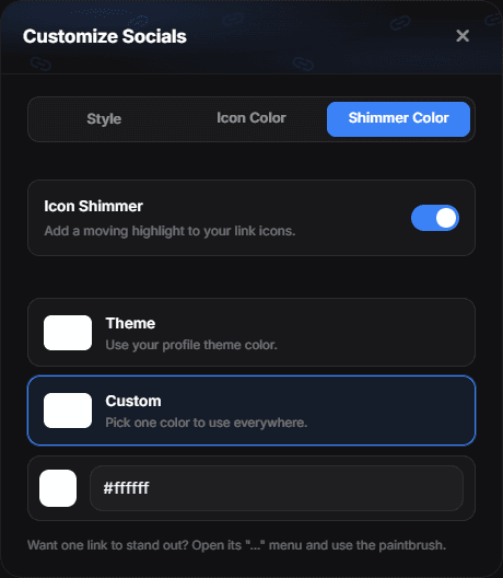 The Shimmer Color tab with the Icon Shimmer switch and the Theme and Custom modes