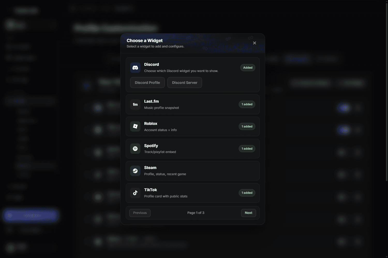 The Choose a Widget dialog listing Discord, Last.fm, Roblox, Spotify, Steam and TikTok, paged