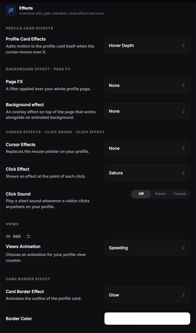 The Effects card in the Visuals tab with the card effect, page FX, background effect, cursor, click, views animation and card border rows