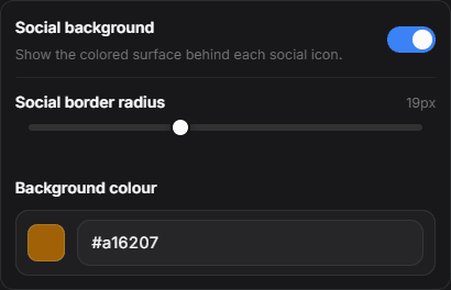 The Social background card with the border radius slider and the background colour swatch