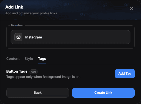 The link editor on the Tags tab with the 0/6 counter and the Add Tag button