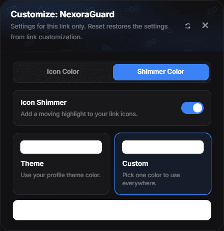 The Shimmer Color tab of the same window, with Icon Shimmer on