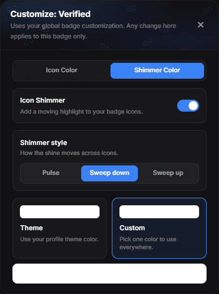 The Shimmer Color tab of Customize: Verified: Icon Shimmer on, the Sweep down style and a custom colour