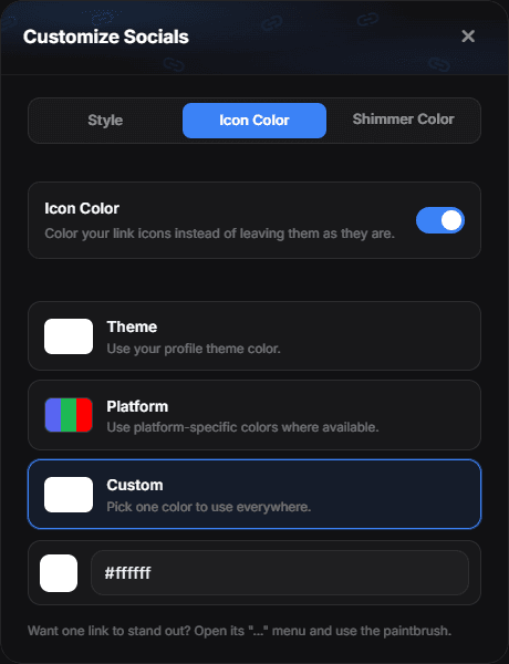 The Icon Color tab with its master switch and the Theme, Platform and Custom modes