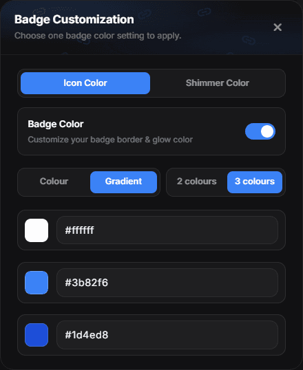 The Badge Customization dialog on the Icon Color tab, in Gradient mode with three swatches