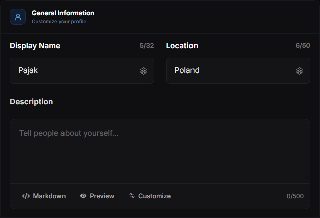Customize → Profile → General with the display name, location and description fields