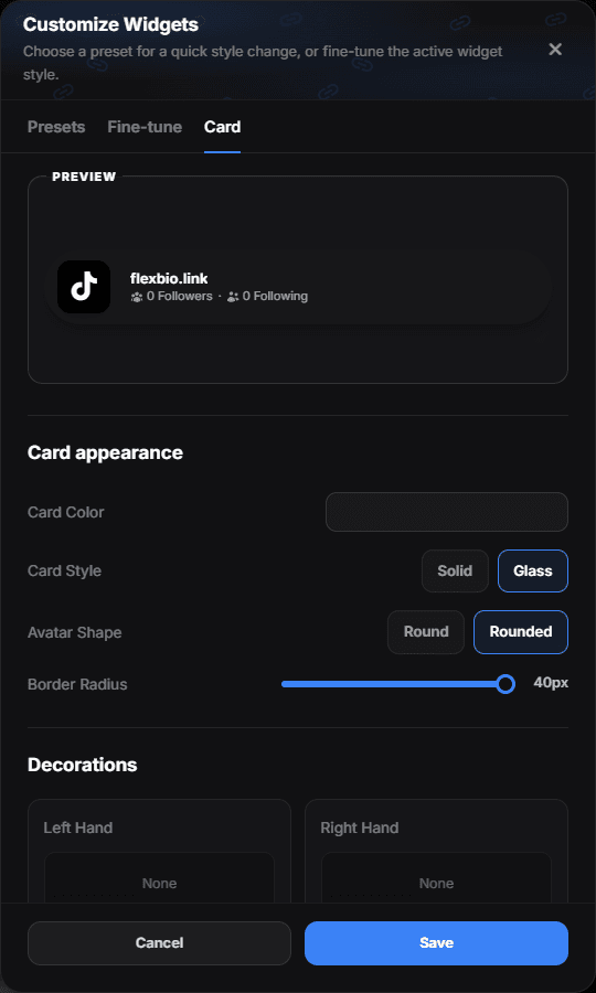 The Customize Widgets window on the Card tab with the preview, card colour, style, avatar shape, border radius and hand decorations
