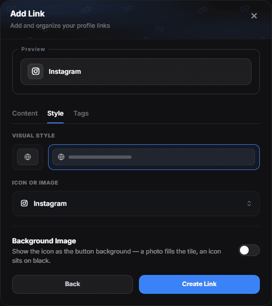 The link editor on the Style tab: Visual style, Icon or Image and the Background Image switch