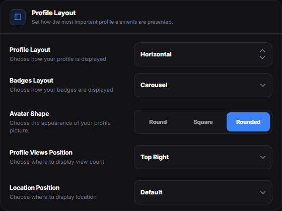 The Profile Layout card with Avatar Shape under Profile Layout and Badges Layout