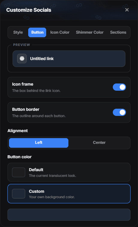 The Button tab with a preview, the Icon frame and Button border switches, the alignment picker and the Default and Custom button colours