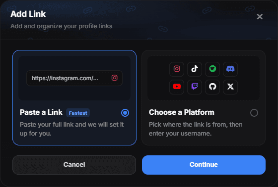 The Add Link wizard asking to choose between Paste a Link and Choose a Platform
