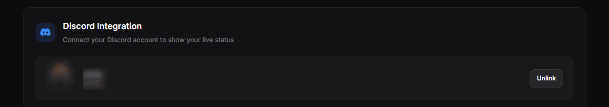 The Discord Integration card in Settings, with the connected account and the Unlink button