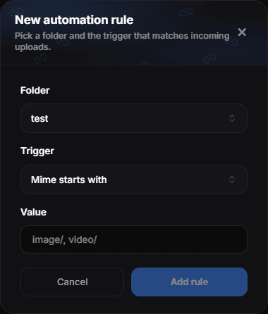 The New automation rule dialog with the folder, trigger and value fields